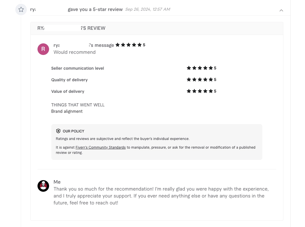 Ryan's 5-star review on Fiverr