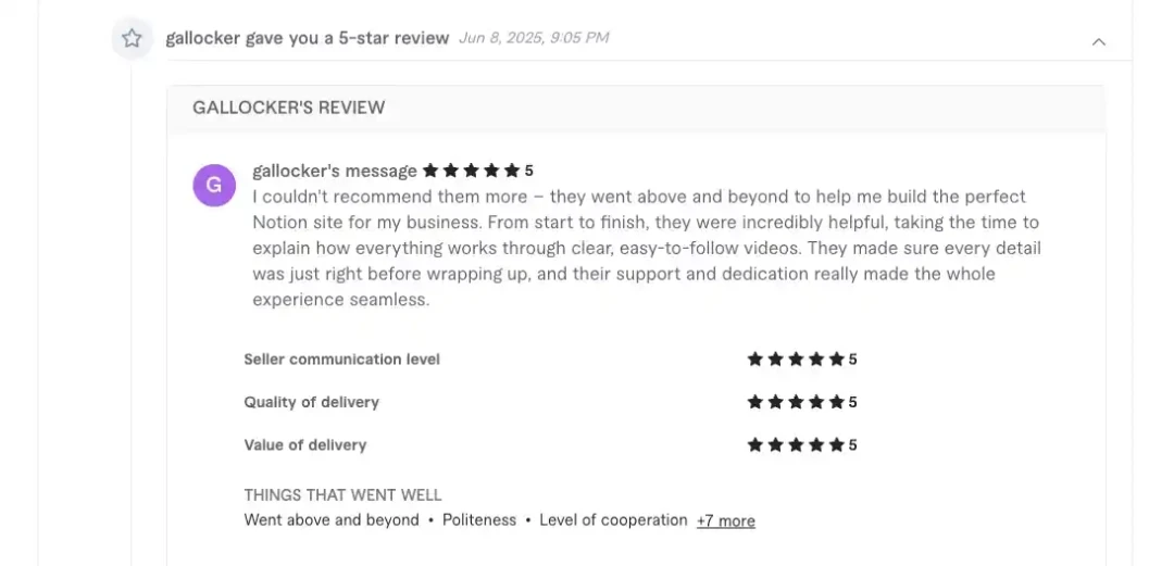 Ronan's 5-star review on Fiverr