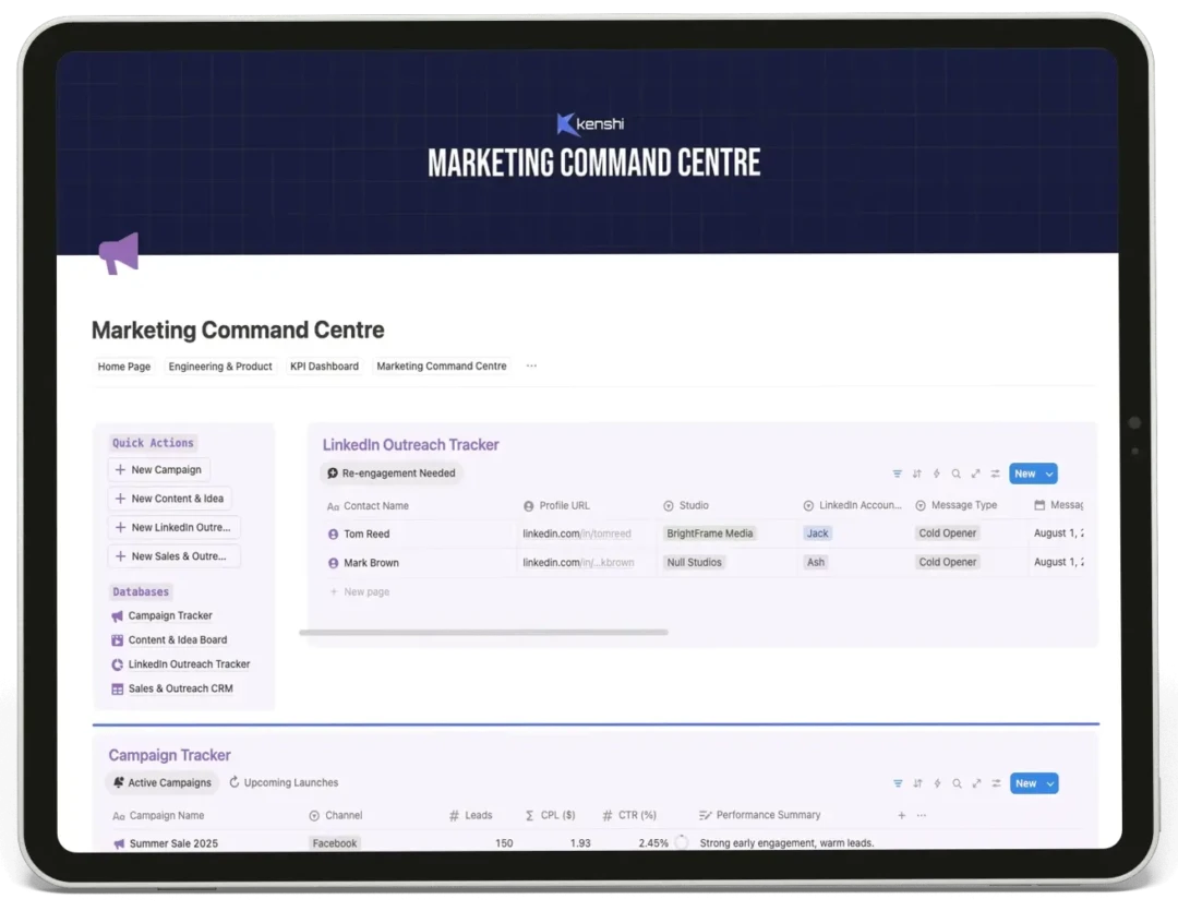 Marketing command center with campaign tracking and a sales CRM