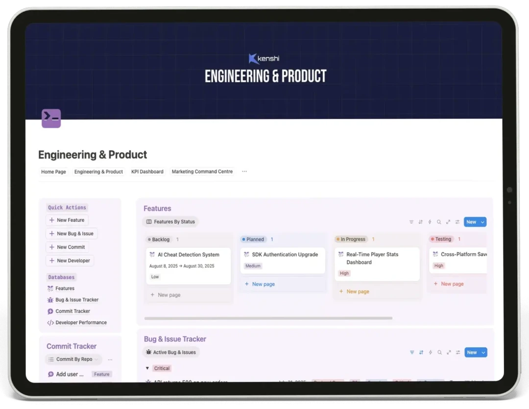 Engineering and product workspace inside the Kenshi Notion system