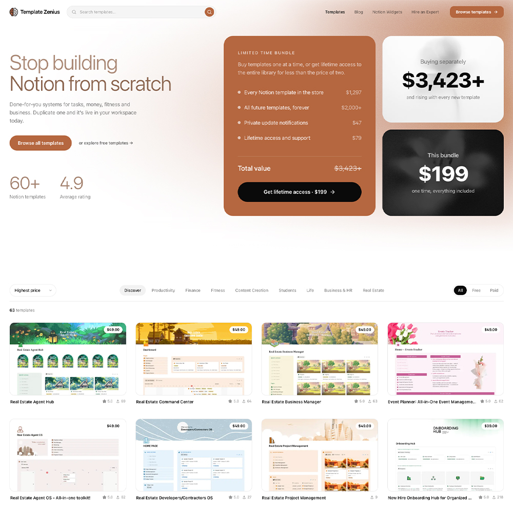 TemplateZenius homepage, a store of done-for-you Notion templates