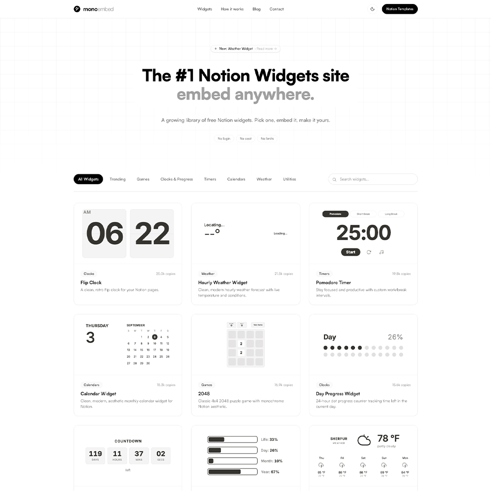 MonoEmbed homepage, a free library of embeddable Notion widgets